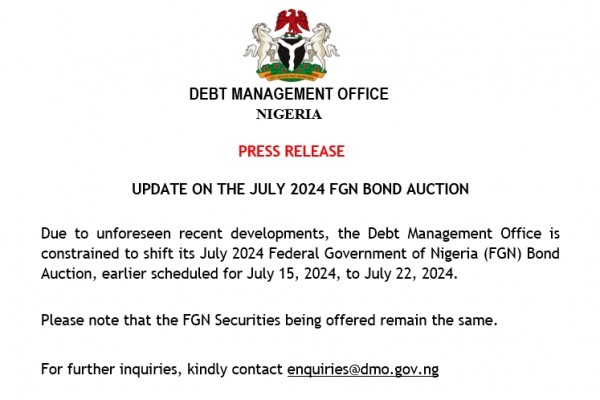 Public Notice: Notification of Change of Date for the June 2024FGN Bond Auction